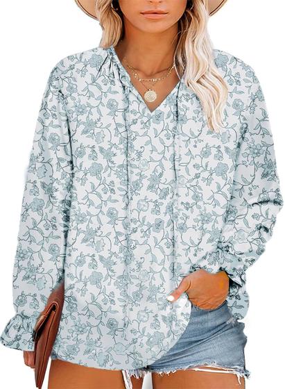 Imagem de Blusa Eytino Plus Size com estampa floral com decote em V, manga comprida, 4X