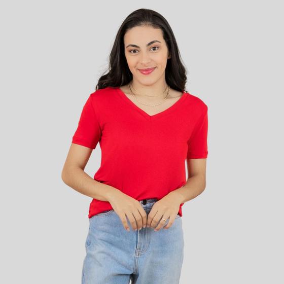Imagem de Blusa Feminina Básica Manga Curta Gola V Vermelha