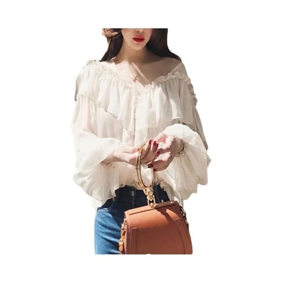 Imagem de Blusa Feminina Boho De Malha Com Decote Em V Com Babado Manga Flare Peplum Top Transparente Verão