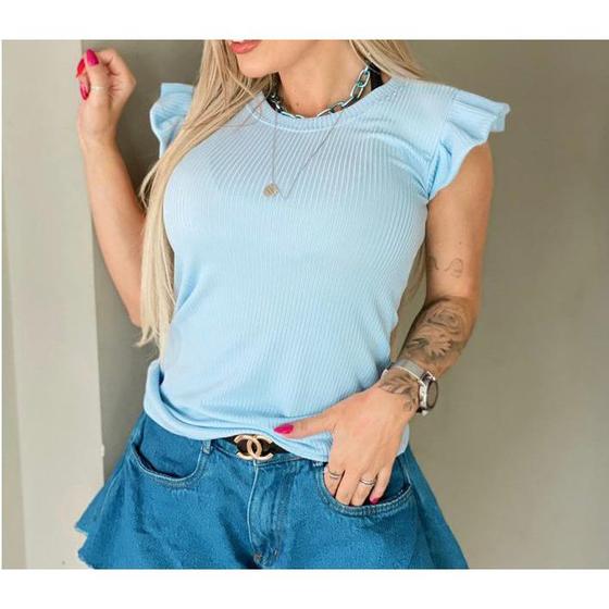 Imagem de Blusa feminina canelada gola rasa regata babado moda influencer