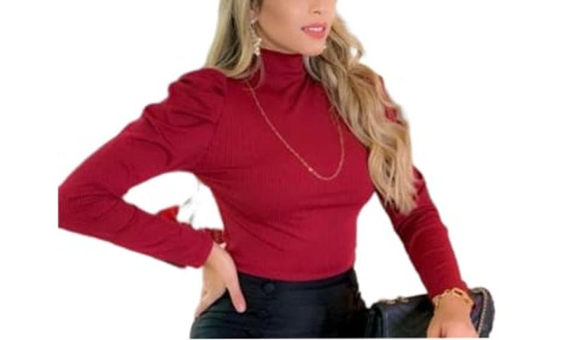 Imagem de Blusa feminina canelada manga longa princesa gola alta moda barata