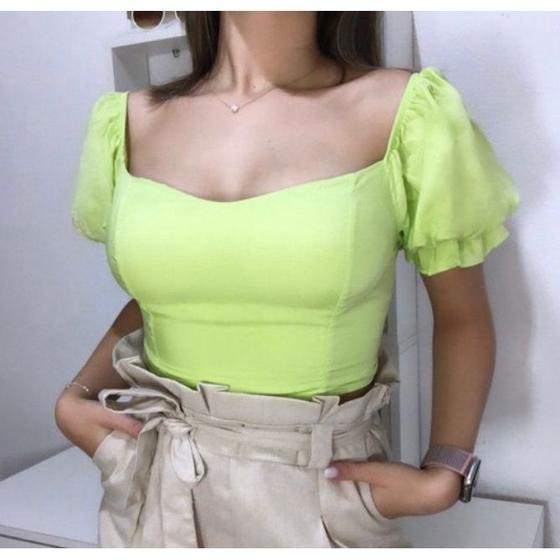 Imagem de Blusa feminina cropped maga princesa decote nas costas