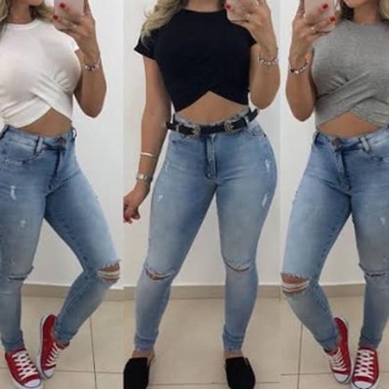 Imagem de Blusa feminina cropped X transpassada com elastano manga curta canelada