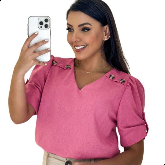 Imagem de Blusa Feminina Evangélica Social Linho Gola V Com Botões