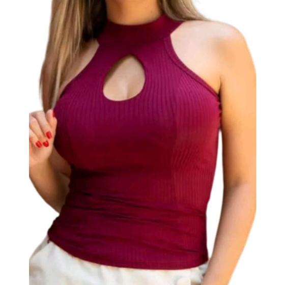 Imagem de Blusa feminina gola alta regata decote gota malha canelada confortável