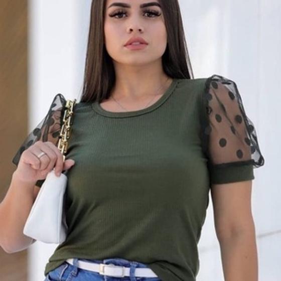 Imagem de Blusa feminina gola canoa manga curta princesa poa