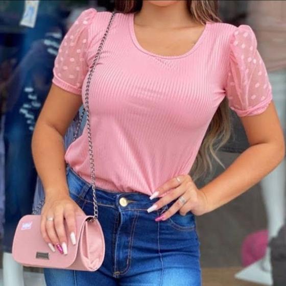 Imagem de Blusa feminina gola rasa manga curta tule poa fashion