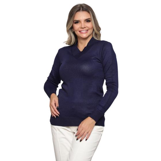 Imagem de Blusa Feminina Gola V Tricot Lã Inverno Com Elastano Basica