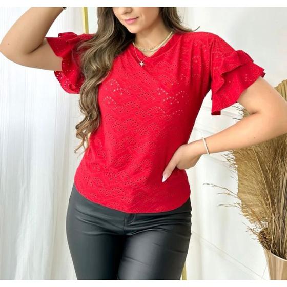 Imagem de Blusa feminina laise gola rasa manga 3/4 babado casual moda feminina