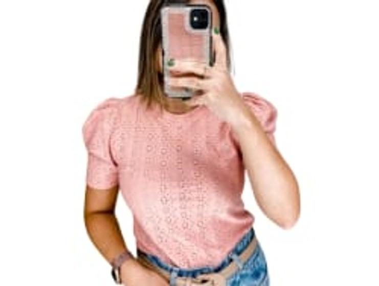 Imagem de Blusa feminina laise gola rasa manga curta bufante moda barata