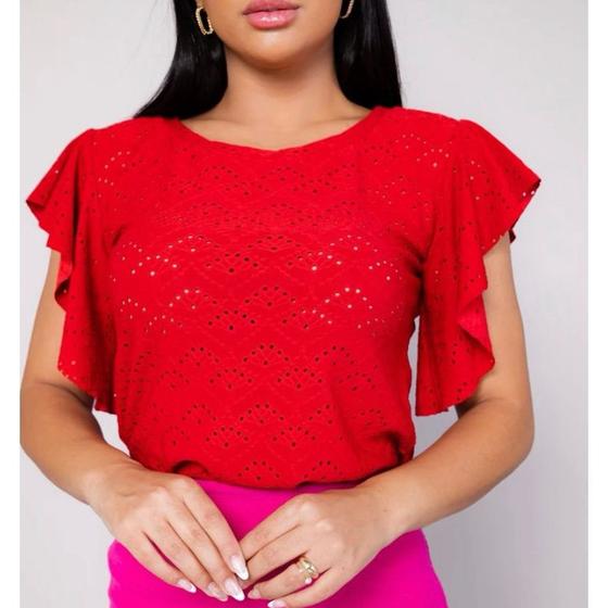 Imagem de Blusa feminina laise gola rasa manga curta morcego moda elegante