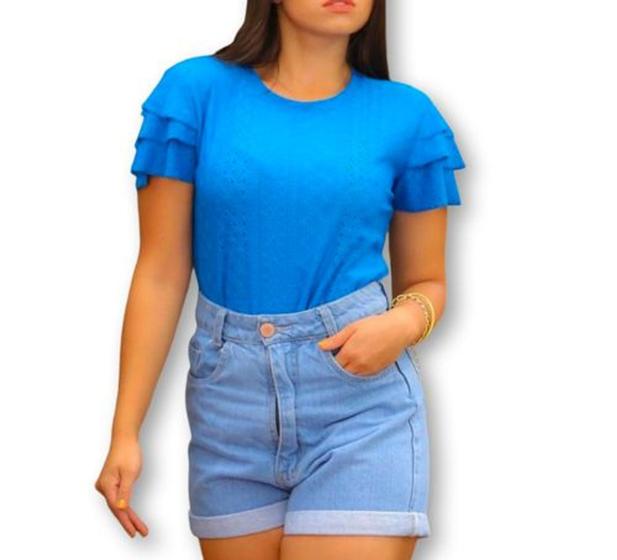 Imagem de Blusa feminina laise gola redonda manga curta babado elegante