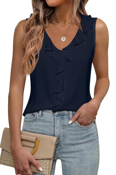 Imagem de Blusa feminina LUXVEER sem mangas com decote em V com babados, azul, tamanho P