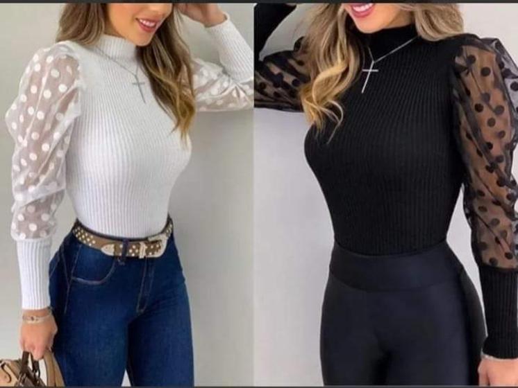 Blusa feminina malha canelada gola alta manga longa tule bufante Menor preço em Blusa feminina malha canelada gola alta manga longa tule bufante
