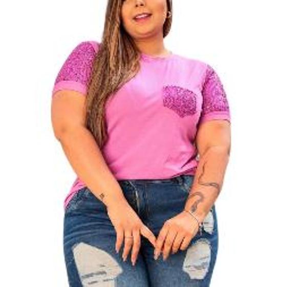 Imagem de Blusa feminina manga e bolso paete plus size viscolaycra