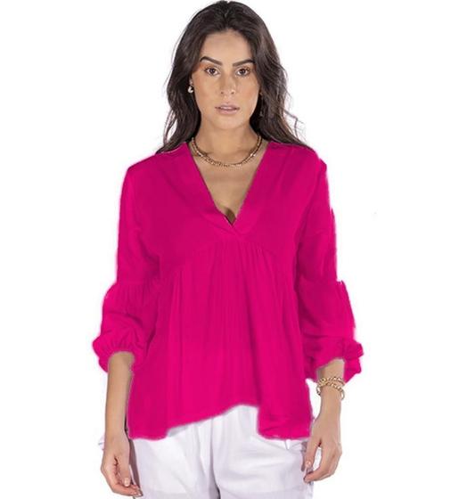 Blusa Feminina Manga Longa Bata Soltinha Decote em V Casual Llisa Menor preço em Blusa Feminina Manga Longa Bata Soltinha Decote em V Casual Llisa