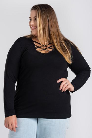 Imagem de Blusa Feminina Manga Longa Plus Size Malha Viscose com Elastano Detalhe de Tiras no Decote - Serena