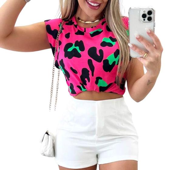 Imagem de Blusa feminina muscle animla print colors com ombreira viscolaycra