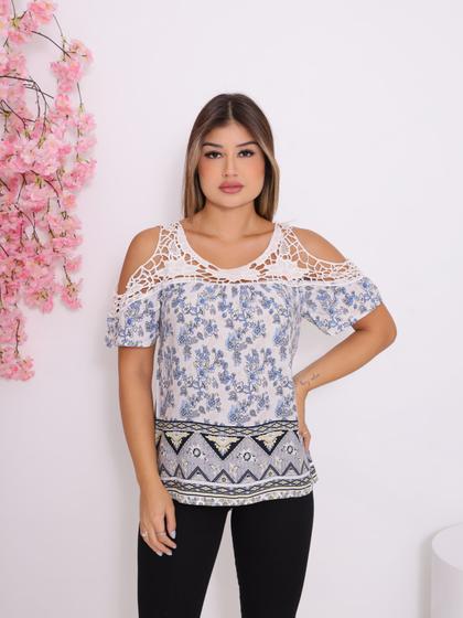 Imagem de Blusa Feminina Ombro a Ombro Ciganinha Com Alça em Renda Premium - Azul Bebe