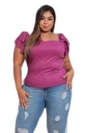 Imagem de Blusa feminina plus size canelada alça lastex dois babados modelo fashion