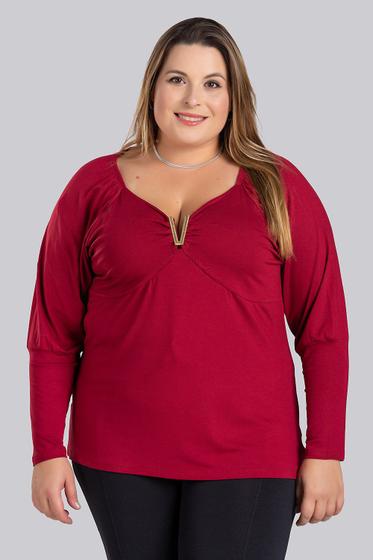 Imagem de Blusa Feminina Plus Size em Malha de Viscose com Fivela Decote e Mangas Bufantes - Serena