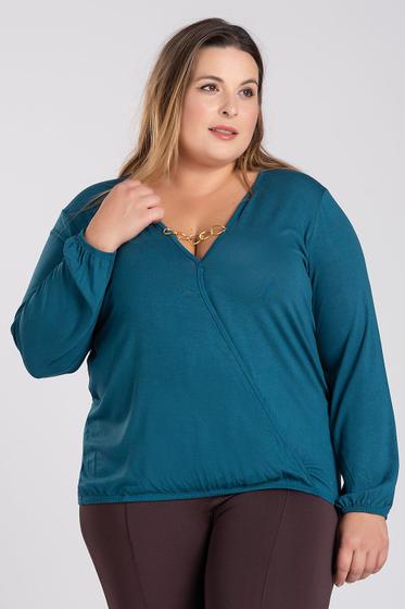 Imagem de Blusa Feminina Plus Size Manga Longa Transpassada Corrente Metal Decote Elastico Punho e Barra