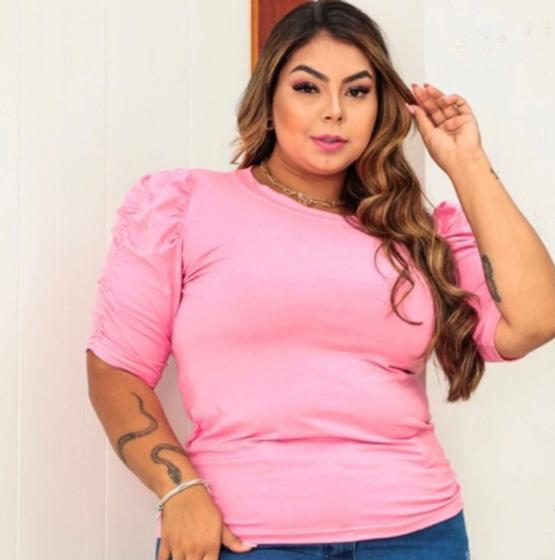 Imagem de Blusa feminina plus size viscolycra gola rasa manga bufante drapeada  casual