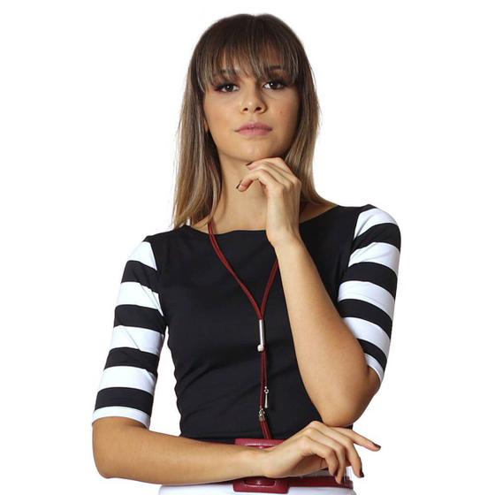 Imagem de Blusa Feminina Preta com Meia Manga Listrada Decote Canoa