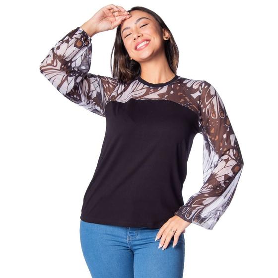 Imagem de Blusa Feminina Rovitex Endless com Tule Estampado Preto/bege