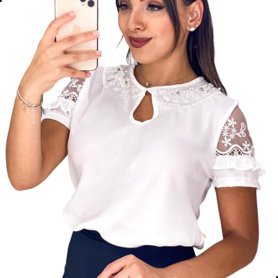 Imagem de Blusa Feminina Social Evangélica Manga Renda Guipir Pérolas