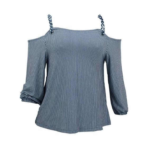 Imagem de Blusa Feminina Social Listrada Azul Ombro A Ombro e Alcinha