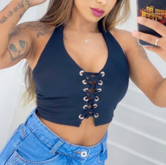 Imagem de Blusa feminina top Cropped canelado ilhós com bojo fashion