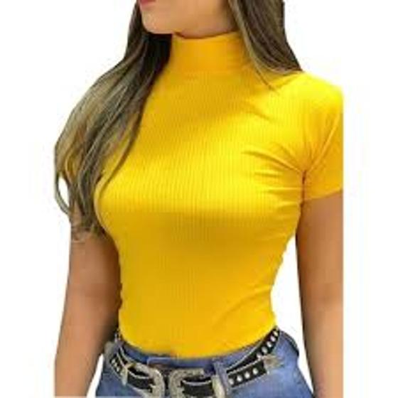 Imagem de Blusa gola alta manga curta malha canelada moda feminina