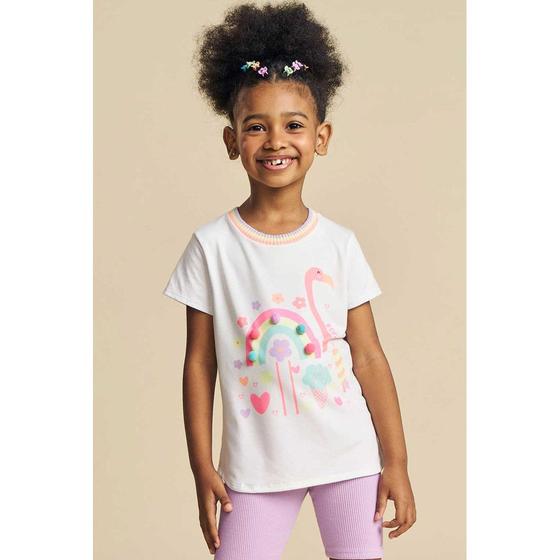 Imagem de Blusa Infantil Alongada Kukiê em Malha estampa de flamingo cor Off White