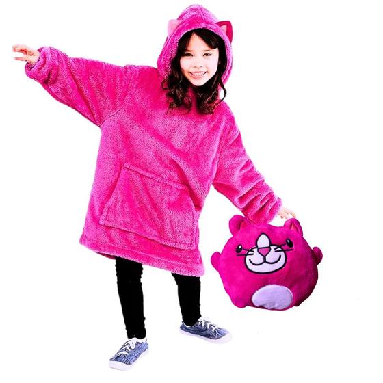 Imagem de Blusa Infantil de Frio Veste 4-6 anos Rosa Casaco Feminino Com Gorro Inverno Menina Pelúcia Quentinha Transforma-se em Almofada de Bichinho