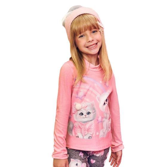 Imagem de Blusa Infantil Feminina Kukiê Gatinhos Strass ML Rosa - 7051