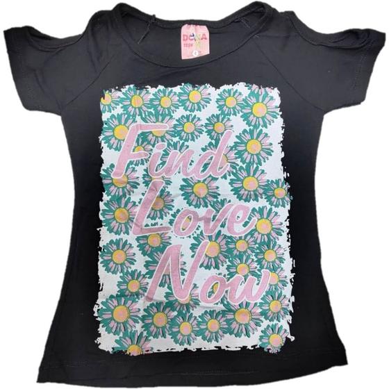 Imagem de Blusa infantil m/c dona teen preta com estampa de flores com ombro vazado