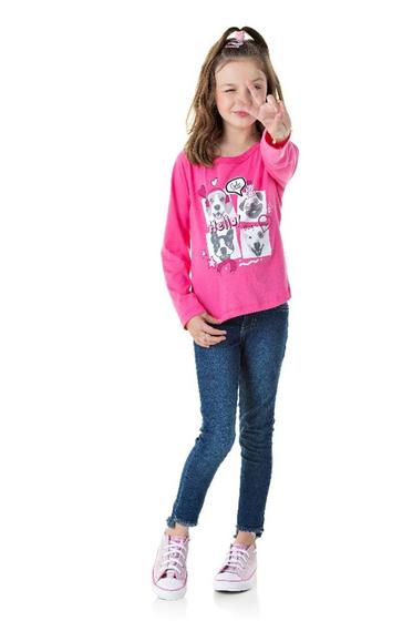 Imagem de Blusa Infantil Menina em Meia Malha Rosa Choque Camiseta Feminina Manga Longa   Duzizo