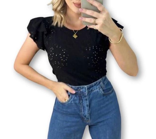 Imagem de Blusa laise feminina gola rasa manga dois babados moda estilo