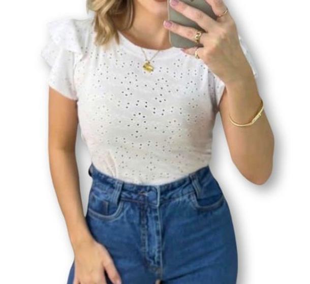 Imagem de Blusa laise feminina gola rasa manga dois babados moda influencer