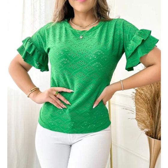 Imagem de Blusa laise gola rasa manga 3/4 babado moda feminina casual