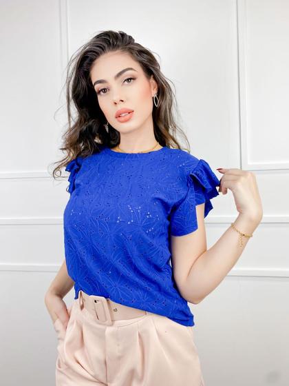 Imagem de Blusa laise manga curta dois babados gola rasa moda casual feminina fashion