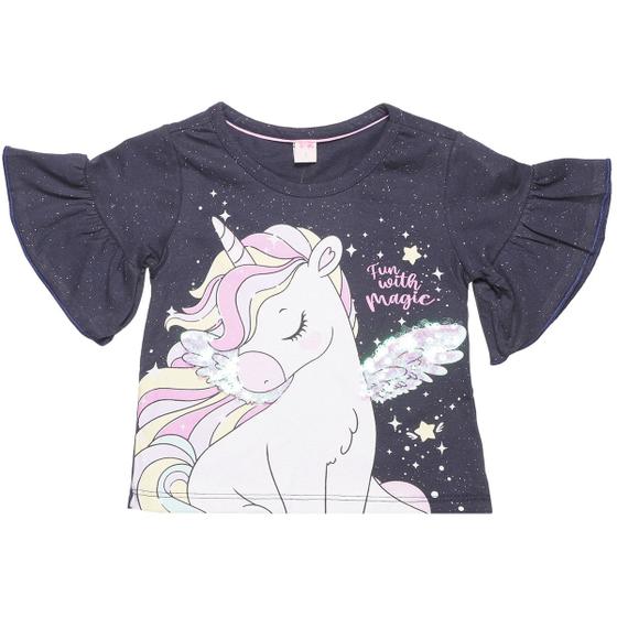 Imagem de Blusa Manga Curta Infantil Unicórnio Glitter Azul - Toys & Kids