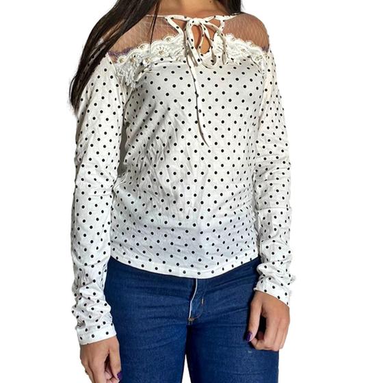 Imagem de Blusa Manga Longa Camisas Renda Guiper Bolinha Perolada Feminina Elegante Social 3001