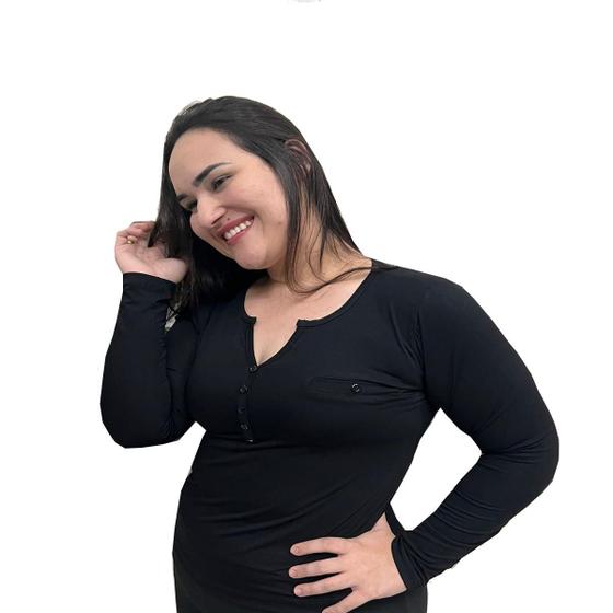 Imagem de Blusa Manga Longa Camiseta Feminina Botão Moda Plus Size Até G4