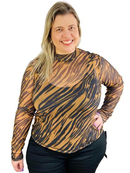 Imagem de Blusa Manga Longa Feminina Sobreposição Animal Print Plus Size 201332