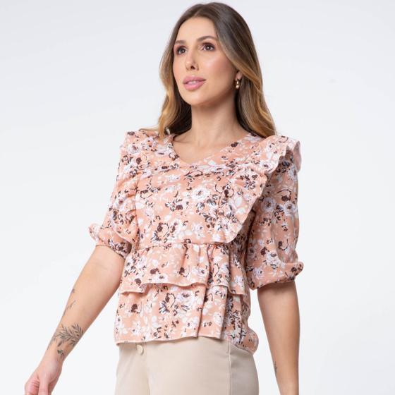 Imagem de Blusa Moda Feminina Estampada Floral Salmão Babados Manga Curta 3/4 Gola V Casual