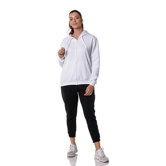 Imagem de Blusa Moletom Canguru Feminino Branco com Zíper