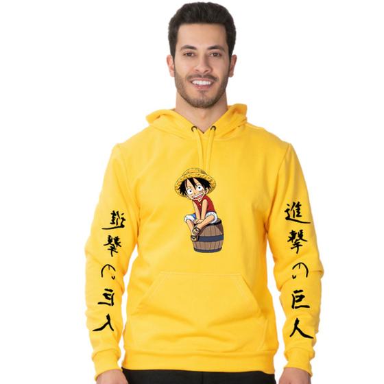 Imagem de Blusa Moletom Flanelado Adulto e Infantil Monkey D. Luffy Barril Com Bolso Canguru e Capuz - Amarelo