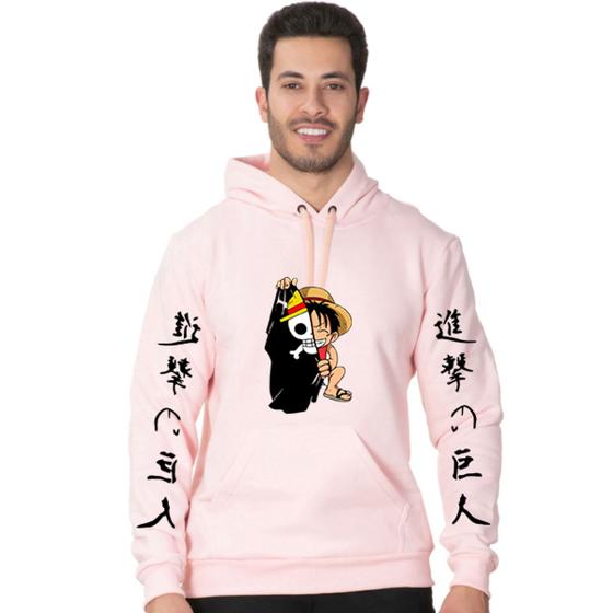 Imagem de Blusa Moletom Flanelado Adulto e Infantil Monkey D. Luffy Capa Com Bolso Canguru e Capuz - Rosa